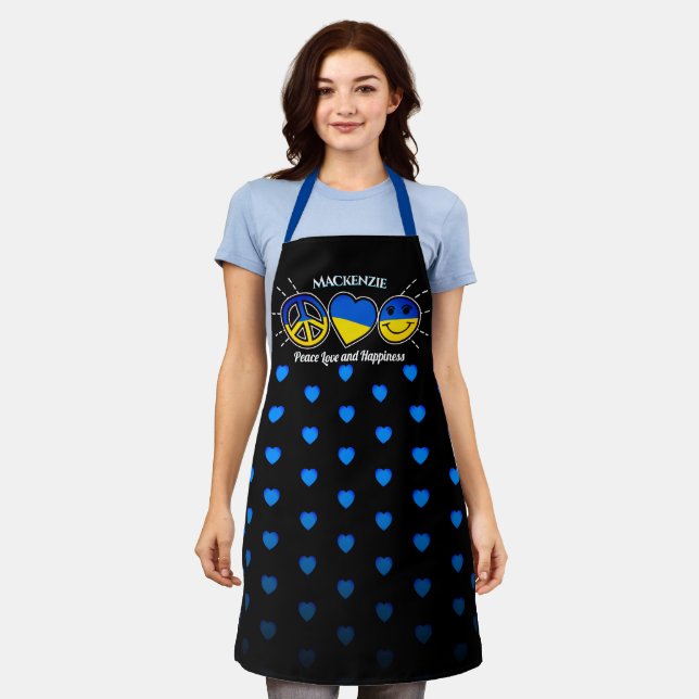 Peace Liebe Happiness Blue Heart on BLACK with Nam Schürze (Getragen)