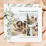 Peace Liebe Joy Berry Blätter Foto Holiday Card Feiertagskarte<br><div class="desc">Die moderne Weihnachtskarte des Fotos bietet Ruhe,  Liebe und Freude mit Foto und botanischen Beeren und Blätter.</div>