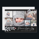 Peace Liebe Joy Berry Christmas Multi-Foto Collage Feiertagskarte<br><div class="desc">Diese skurrile und festliche 6-Foto-Urlaubskarte mit einer Collage aus Foto,  Blumenblättern und "Peace Liebe Joy" in einem modernen Pinselskript. Kommt mit einem passenden Muster auf der Rückseite.</div>