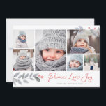 Peace Liebe Joy Berry Christmas Multi-Foto Collage Feiertagskarte<br><div class="desc">Diese skurrile und festliche 6-Foto-Urlaubskarte mit einer Collage aus Foto,  Blumenblättern und "Peace Liebe Joy" in einem modernen Pinselskript. Kommt mit einem passenden Muster auf der Rückseite.</div>