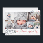 Peace Liebe Joy Berry Christmas Multi-Foto Collage Feiertagskarte<br><div class="desc">Diese skurrile und festliche 6-Foto-Urlaubskarte mit einer Collage aus Foto,  Blumenblättern und "Peace Liebe Joy" in einem modernen Pinselskript. Kommt mit einem passenden Muster auf der Rückseite.</div>