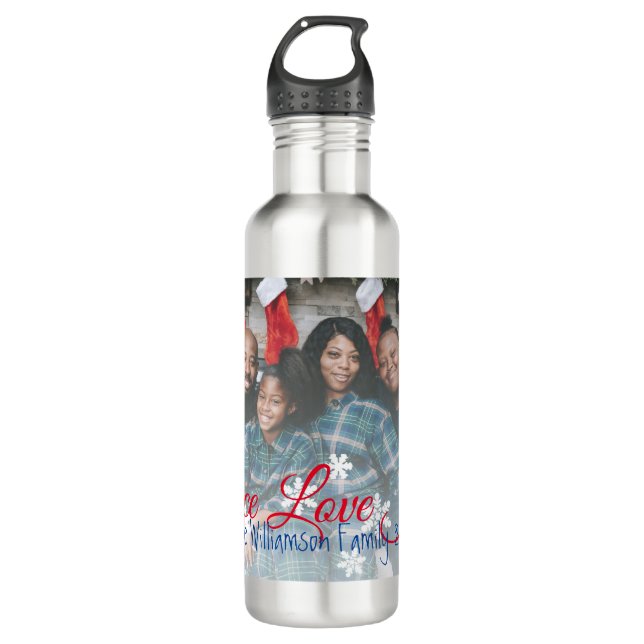 Peace Liebe Joy Family Foto Red White Snowflake Edelstahlflasche (Vorderseite)