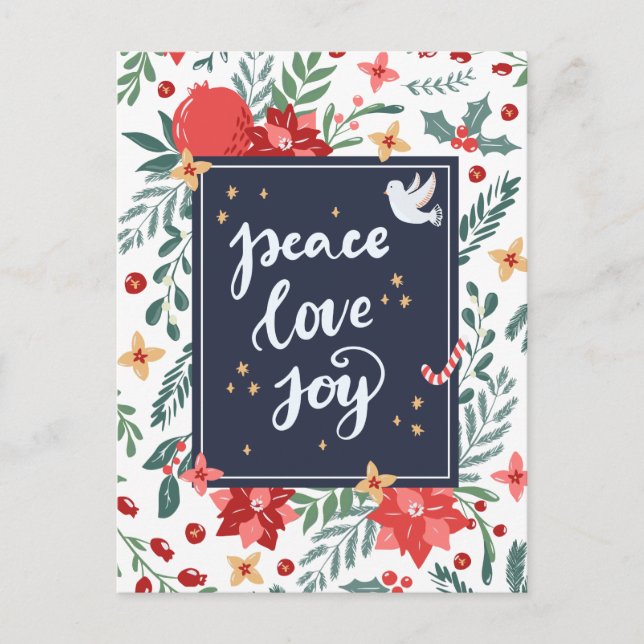 Peace Liebe Joy Feiertagspostkarte (Vorderseite)