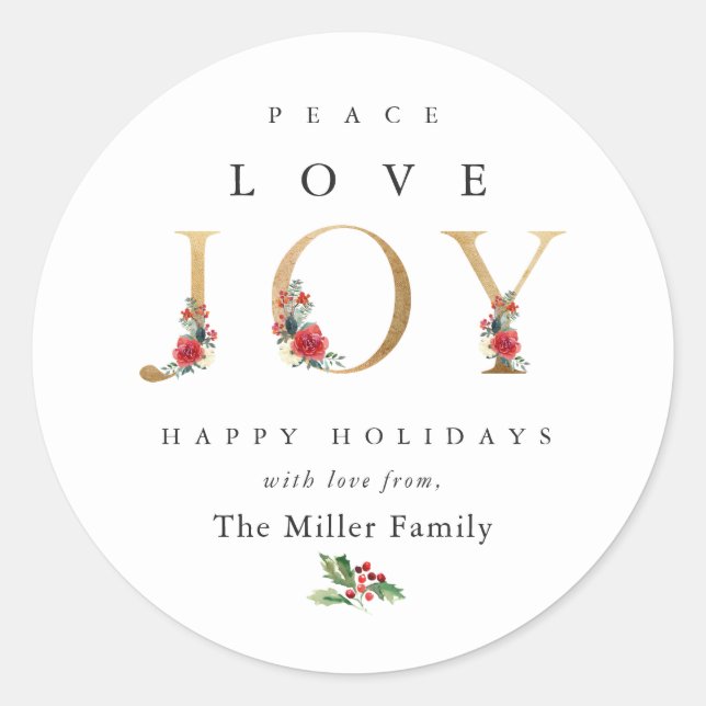 Peace Liebe Joy Festive Winter Floral Berries Runder Aufkleber (Vorderseite)