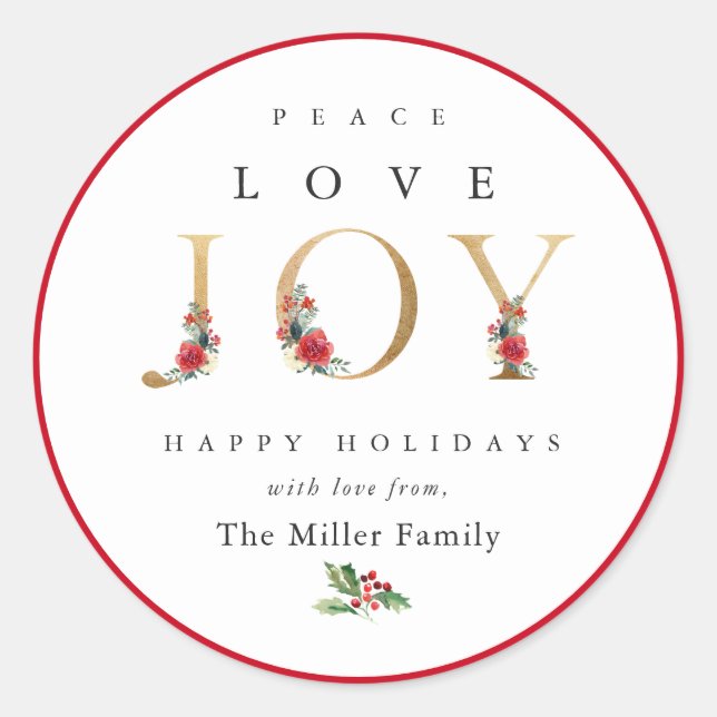 Peace Liebe Joy Festive Winter Floral Berries Runder Aufkleber (Vorderseite)