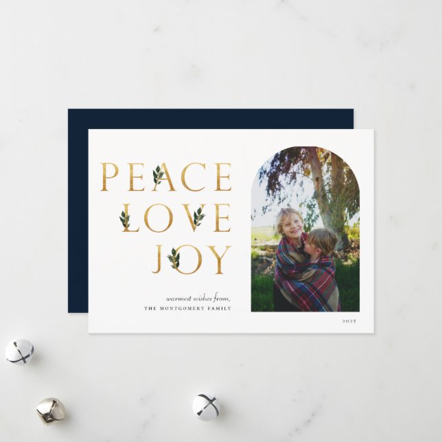 Peace Liebe Joy Golden Foto Feiertagskarte (Vorderseite/Rückseite Beispiel)