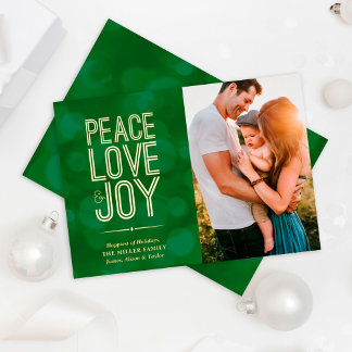 Peace Liebe & Joy Green Bokeh Foto Folien Feiertagskarte