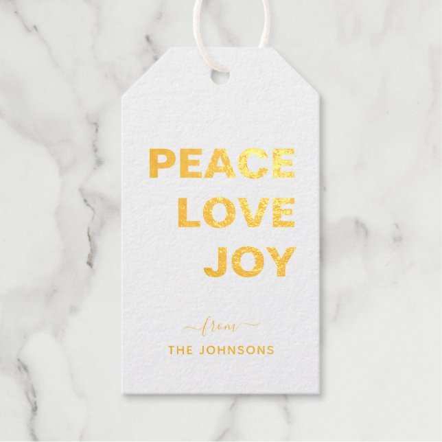 'Peace Liebe Joy' Holiday Goldfolie Geschenketiket Geschenkanhänger (Vorderseite)