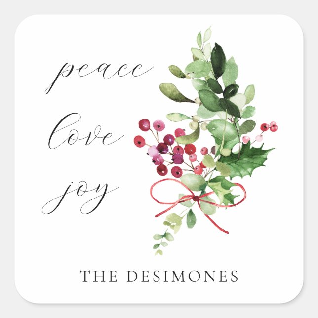 Peace Liebe Joy Holly Berry Holiday Quadratischer Aufkleber (Vorderseite)