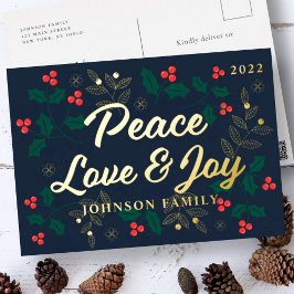 Peace Liebe & Joy Modern Red Holly Berries Foliage Folien Feiertagspostkarte