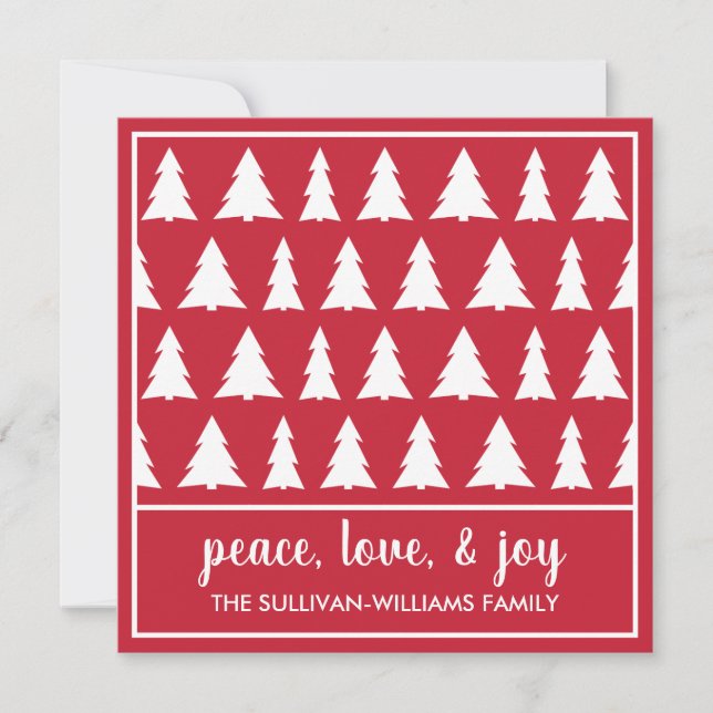 Peace Liebe Joy Modern Red White Tree Pattern Feiertagskarte (Vorderseite)