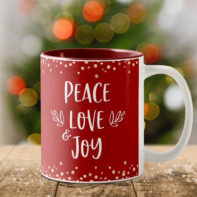 Peace Liebe Joy Modern Typografy Gold Confetti Red Zweifarbige Tasse (Von Creator hochgeladen)