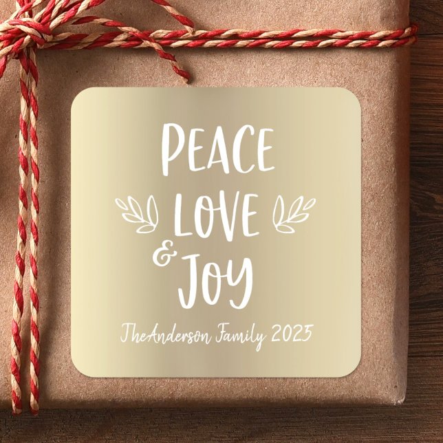 Peace Liebe Joy Modern Typografy Gold Foil Quadratischer Aufkleber (Von Creator hochgeladen)