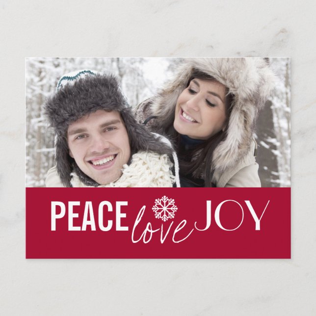 Peace Liebe Joy Red Snowflake Holiday Postkarten (Vorderseite)