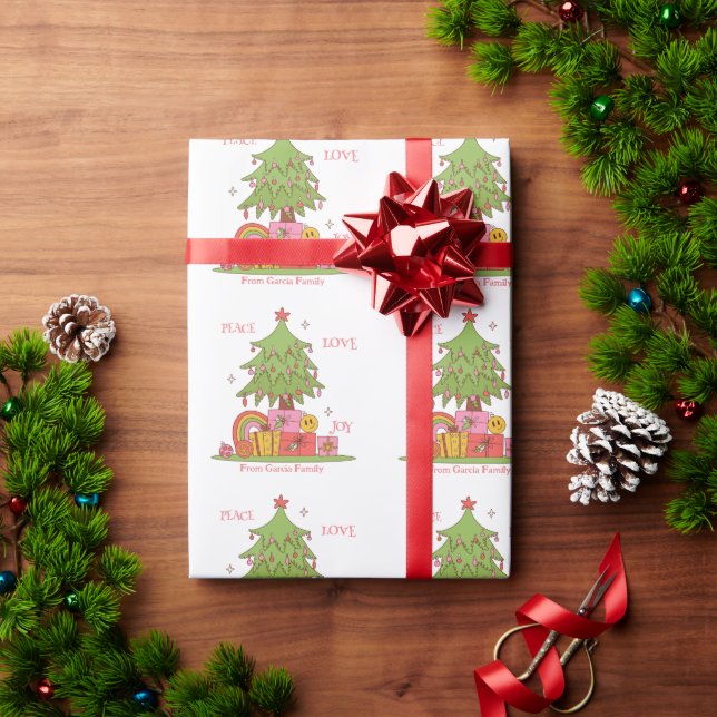 Peace Liebe & Joy Retro Weihnachtsbaum Individuell Geschenkpapier (Feiertagsgeschenk)