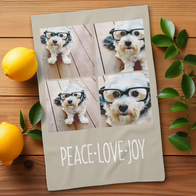 Peace Liebe Joy Taupe Holiday Foto Collage Handtuch (Custom kitchen towel)
