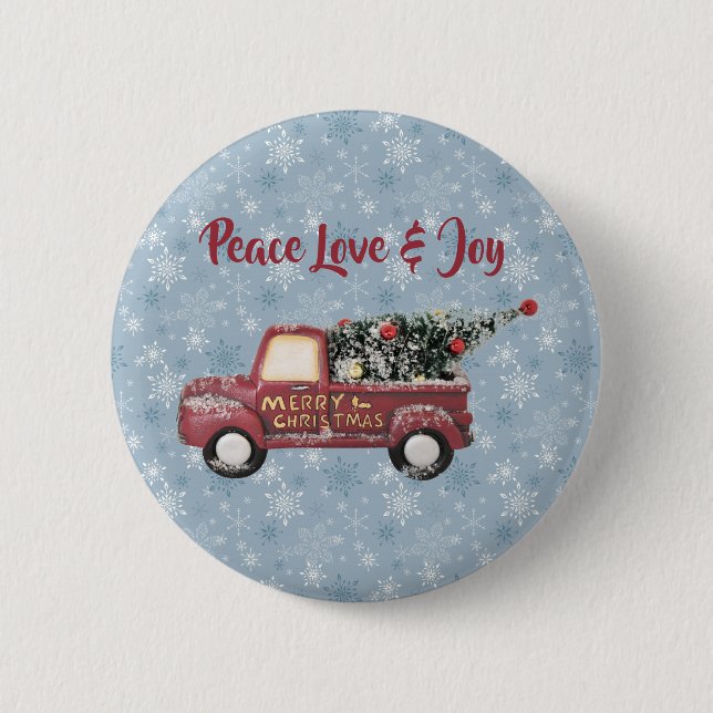Peace Liebe & Joy Toy Truck Frohe Weihnachten Button (Vorderseite)