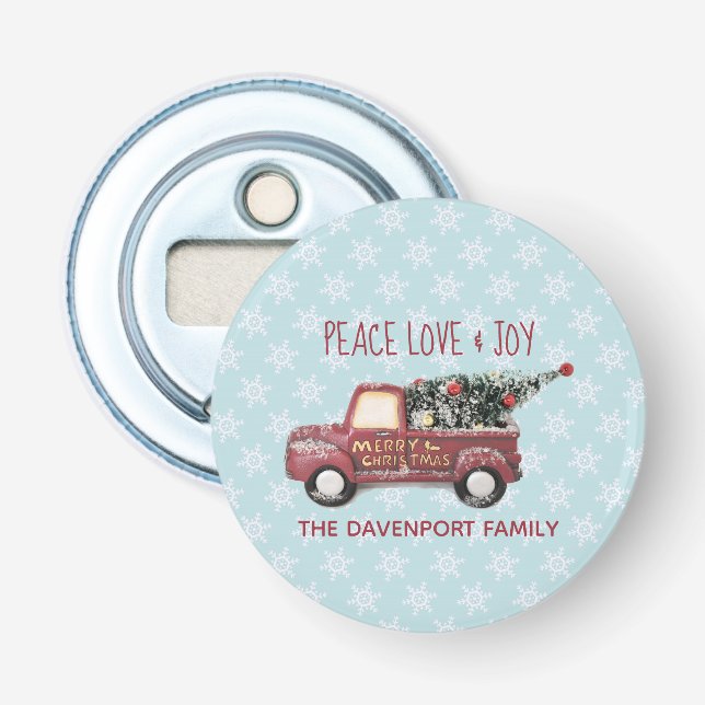 Peace Liebe & Joy Toy Truck Frohe Weihnachten Flaschenöffner (Vorderseite)