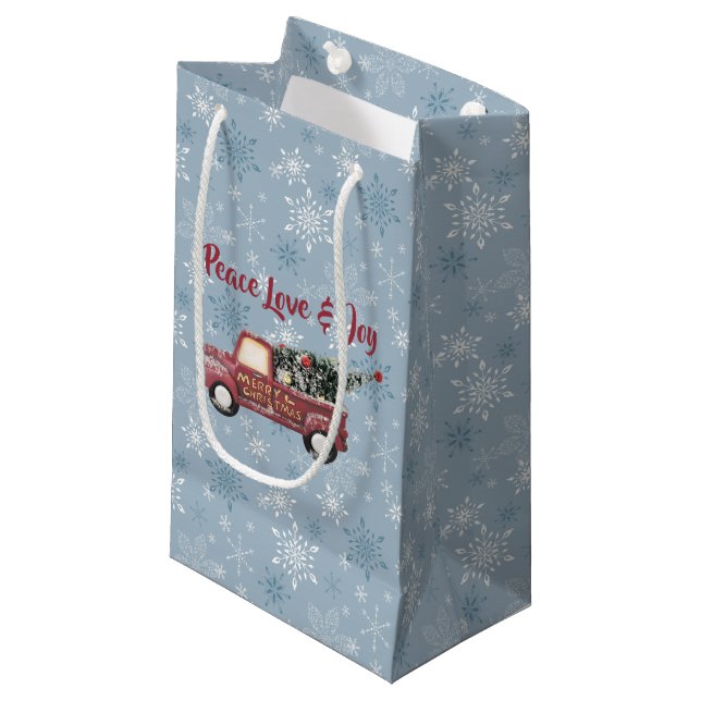 Peace Liebe & Joy Toy Truck Frohe Weihnachten Kleine Geschenktüte (Vorderseite Schrägansicht)