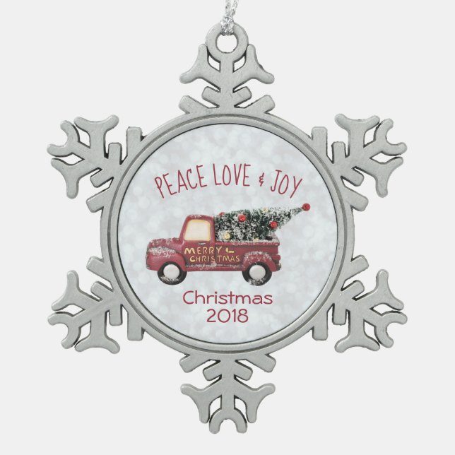 Peace Liebe & Joy Toy Truck Frohe Weihnachten Schneeflocken Zinn-Ornament (Vorderseite)