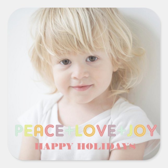 PEACE LIEBE JOY TYPOGRAPHY HOLIDAYS FOTO QUADRATISCHER AUFKLEBER (Vorderseite)