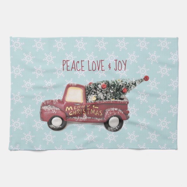 Peace Liebe & Joy w/Red Toy Truck Frohe Weihnachte Geschirrtuch (Horizontal)