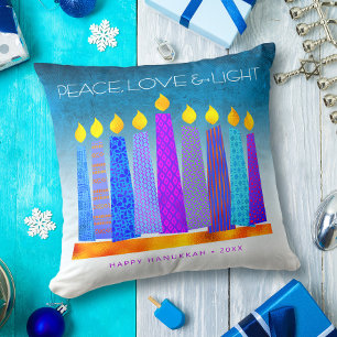 Peace Liebe Light Bold Hanukkah Candles Turquoise Kissen