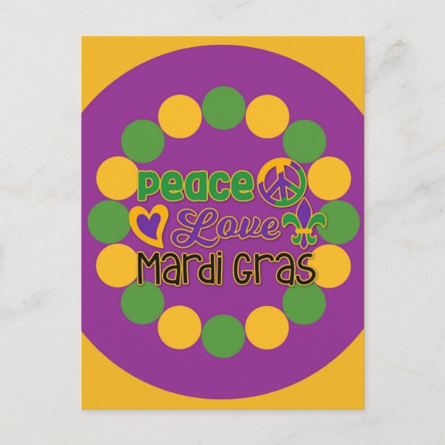 Peace Liebe Mardi Gras Lila Gold Postkarte (Vorderseite)