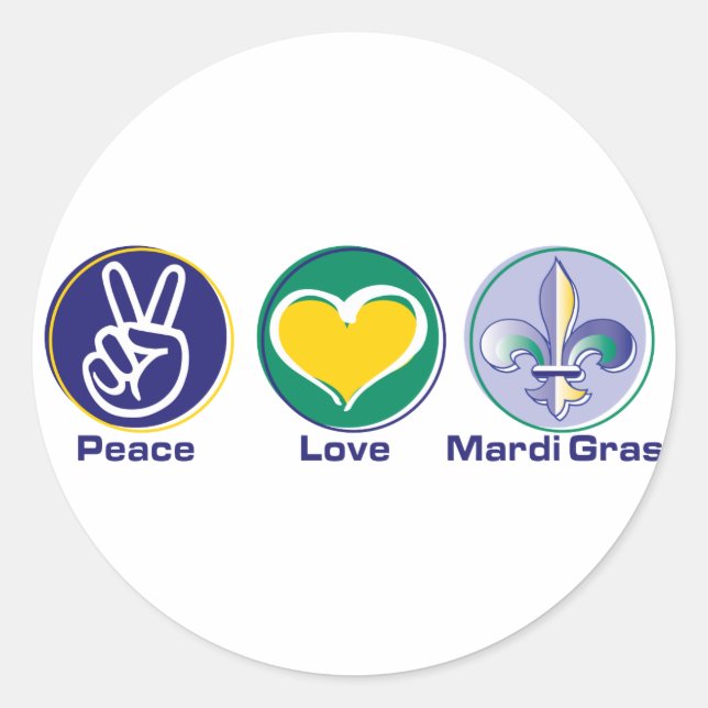 Peace Liebe Mardi Gras Runder Aufkleber (Vorderseite)