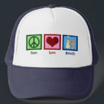 Peace Liebe Midfrau Truckerkappe<br><div class="desc">Ein Friedenszeichen, ein Herz und ein Bild eines niedlichen Elefanten, der ein Baby trägt, das Hebammen symbolisiert.</div>