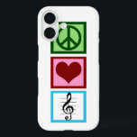 Peace Liebe Music iPhone 16 Hülle<br><div class="desc">Ein niedliches Geschenk für einen Musiker mit einem Friedenszeichen,  Herz und einem Musiksymbol für einen Treppenstil.</div>