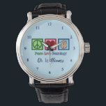 Peace Liebe Neurologie - Neurologe Armbanduhr<br><div class="desc">Peace Liebe Neurology Uhrengeschenk für einen Neurologen,  der sich auf Hirnkrankheiten und Neurowissenschaften spezialisiert hat. Eine coole Neurochirurgin oder eine Neurologen-Krankenschwester ist anwesend.</div>