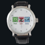 Peace Liebe Niedliches Schwimmteam Armbanduhr<br><div class="desc">Liebe Schwimmuhr. Dieses niedliche Weihnachtsschwimmengeschenk besticht durch ein Friedensschild,  ein Herz und einen Schwimmer bei einem Schwimmen. Coole Schwimmteam-Trainer Armbanduhr anwesend.</div>