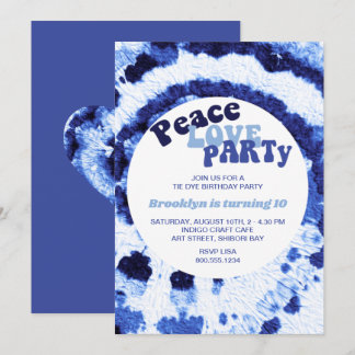 Peace Liebe Party Shibori Blue Gefärbte Krawatte G Einladung