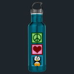 Peace Liebe Penguins Trinkflasche<br><div class="desc">Ein niedlicher Pinguin neben einem Friedenszeichen und einem Herz. Ich Liebe liebenswerte Tiere.</div>