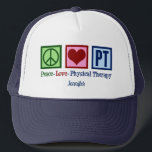 Peace Liebe Physikalische Therapie Personalisiert Truckerkappe<br><div class="desc">Dieser niedliche, maßgeschneiderte Physiotherapeut verfügt über ein hübsches Friedenszeichen, Herz und Buchstaben PT. Eine wunderschöne, personalisierte Physiotherapie. Peace Liebe Physical Therapy Cap.</div>