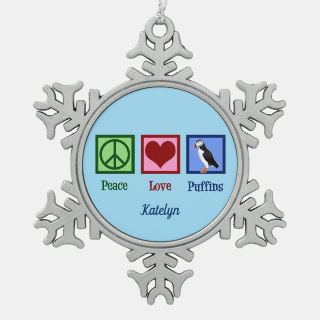 Peace Liebe Puffins Niedliches Blue Puffin Schneeflocken Zinn-Ornament (Vorderseite)