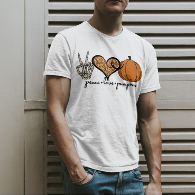 Peace Liebe Pumpkin Skeleton Halloween-Kostüm T-Shirt (Von Creator hochgeladen)