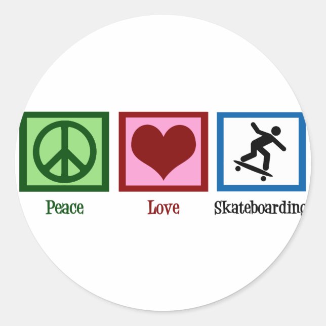 Peace Liebe Skateboarding Runder Aufkleber (Vorderseite)