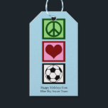 Peace Liebe Soccer Blue Custom Christmas Party Geschenkanhänger<br><div class="desc">Peace Liebe Fußball Geschenketiketten für Futbol Spieler oder Coach Weihnachtsgeschenke an die Mannschaft. Peace Liebe Soccer personalisierte blaue Gastgeschenk Tags.</div>