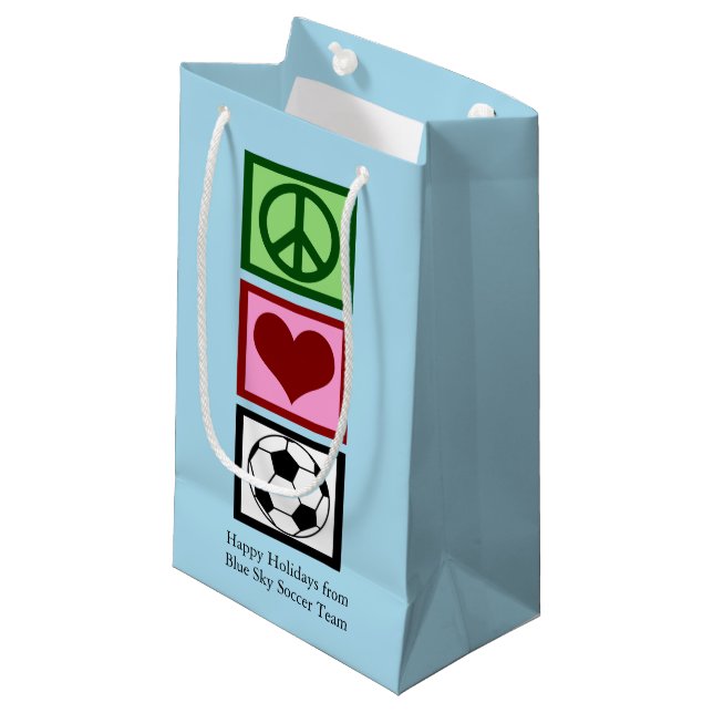 Peace Liebe Soccer Blue Custom Holiday Kleine Geschenktüte (Vorderseite Schrägansicht)