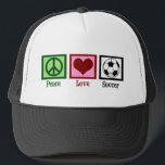 Peace Liebe Soccer Truckerkappe<br><div class="desc">Sowohl Fußballfans als auch Fußballspieler kamen zusammen,  um die phantastische Weltmeisterschaft 2010 zu sehen. Egal,  ob Sie Fußball- oder Fußballprofi sind,  Sie werden dieses Design Liebe geben. Peace Liebe Soccer.</div>