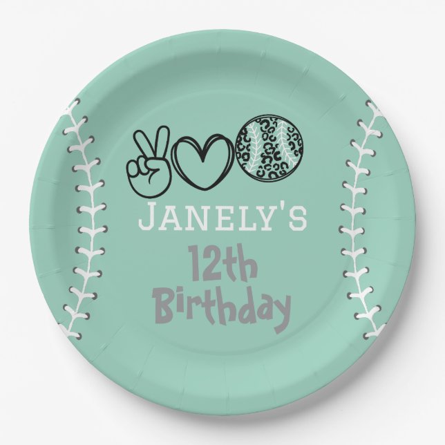 Peace Liebe Softball Geburtstag Pappteller (Vorderseite)