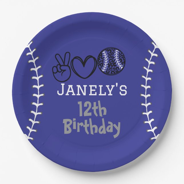 Peace Liebe Softball Geburtstag Pappteller (Vorderseite)