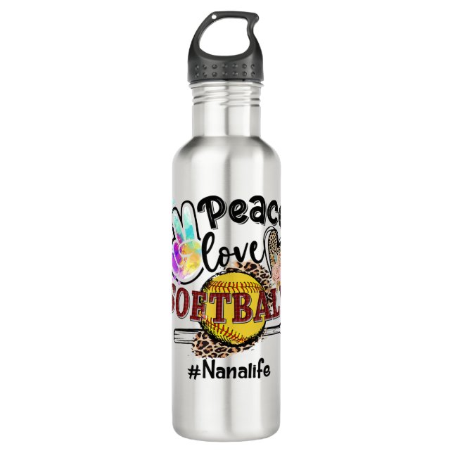 Peace Liebe Softball Nana Life Mama Grandma Leopar Edelstahlflasche (Vorderseite)