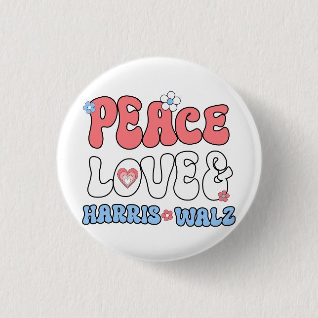 Peace Liebe und Harris Walz Retro Hippie Style Button (Vorderseite)