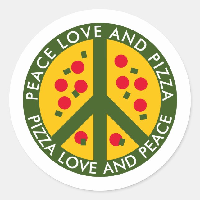 Peace Liebe und Pizza lustige Aufkleber für Party (Vorderseite)