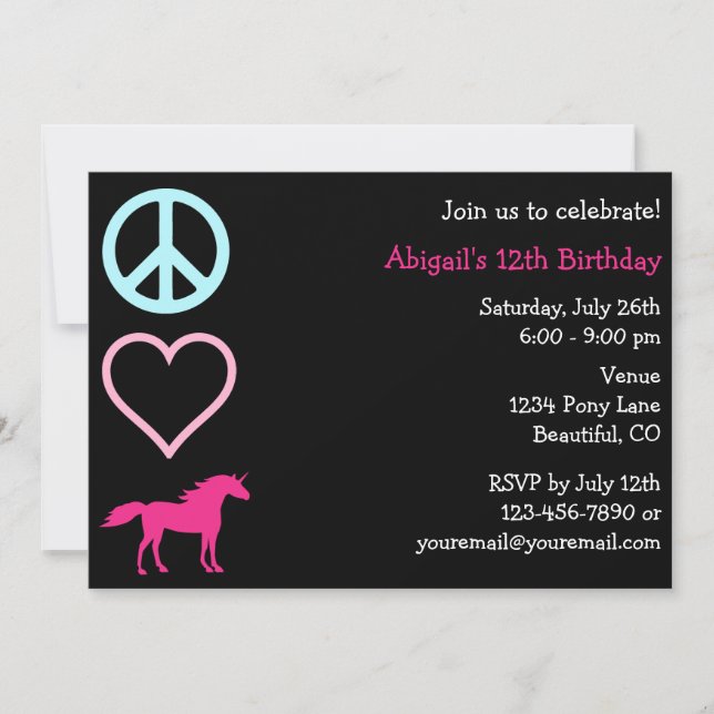 Peace Liebe Unicorns Girl's Birthday Einladung (Vorderseite)