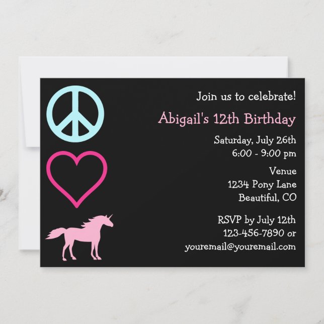 Peace Liebe Unicorns Girl's Birthday Einladung (Vorderseite)