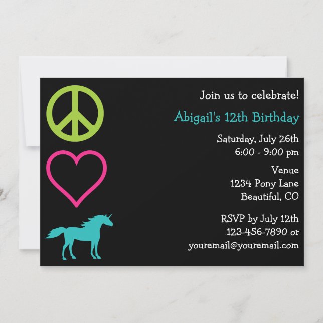 Peace Liebe Unicorns Girl's Birthday Einladung (Vorderseite)